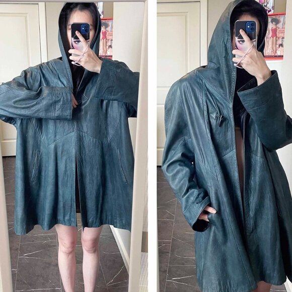 Vintage Hooded Green Leather Poncho: Oversized 90s Cape Coat (3XL) - Picture 3 of 8